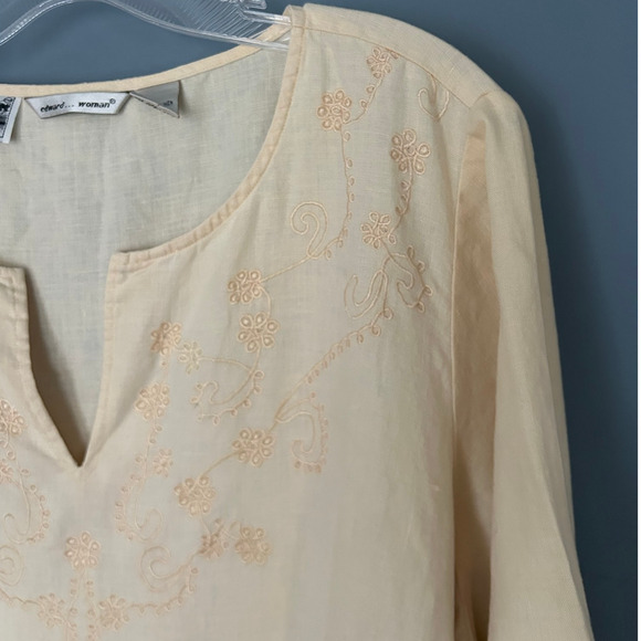 Edward Irish Linen Tunic Blouse Woman's 1X Embroidered Peach V-Neck 3/4 Sleeve - Picture 2 of 6